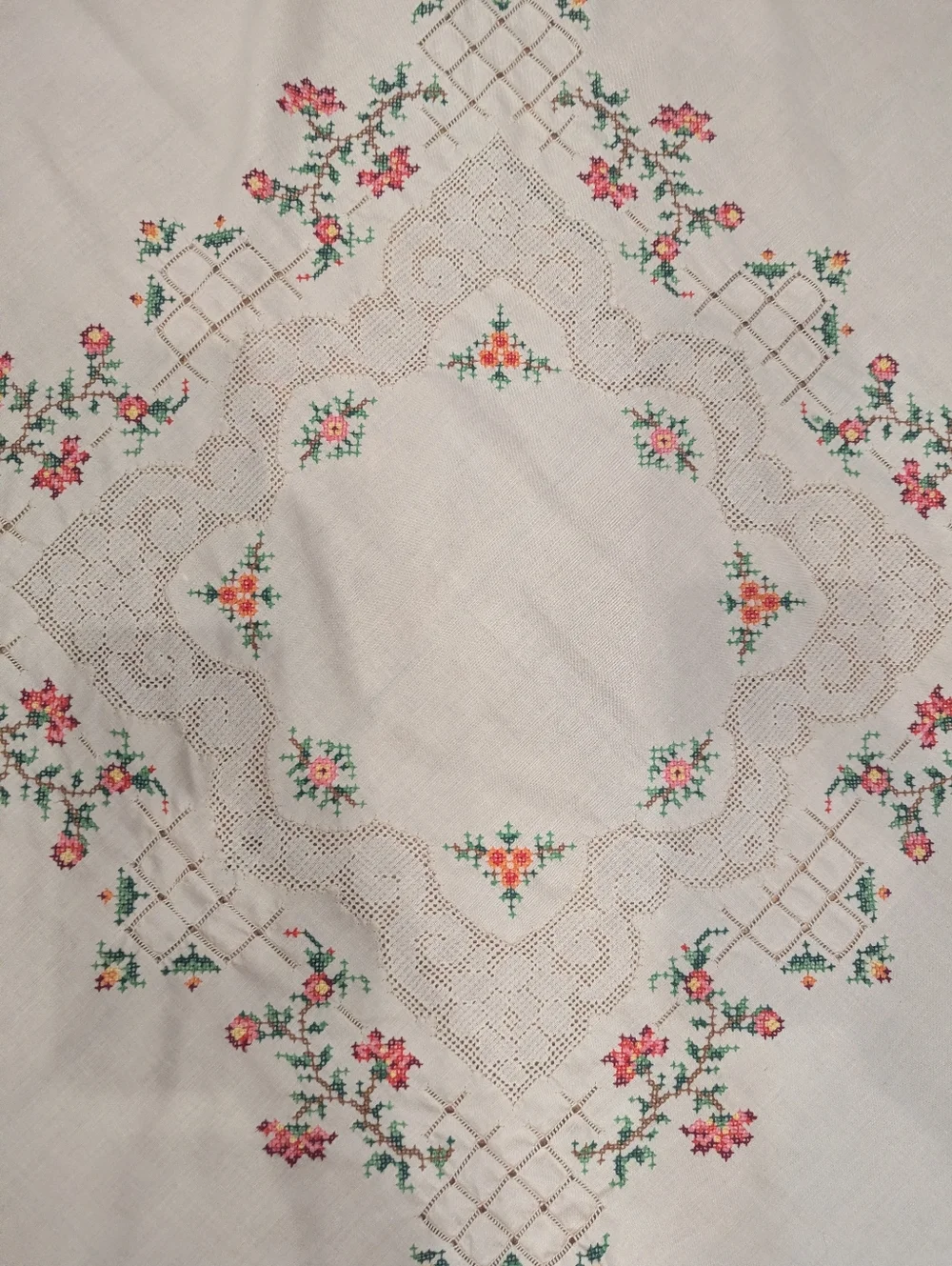 VTG Off White* Square Floral Embroidered Cross Stitch Table Cloth Topper 33